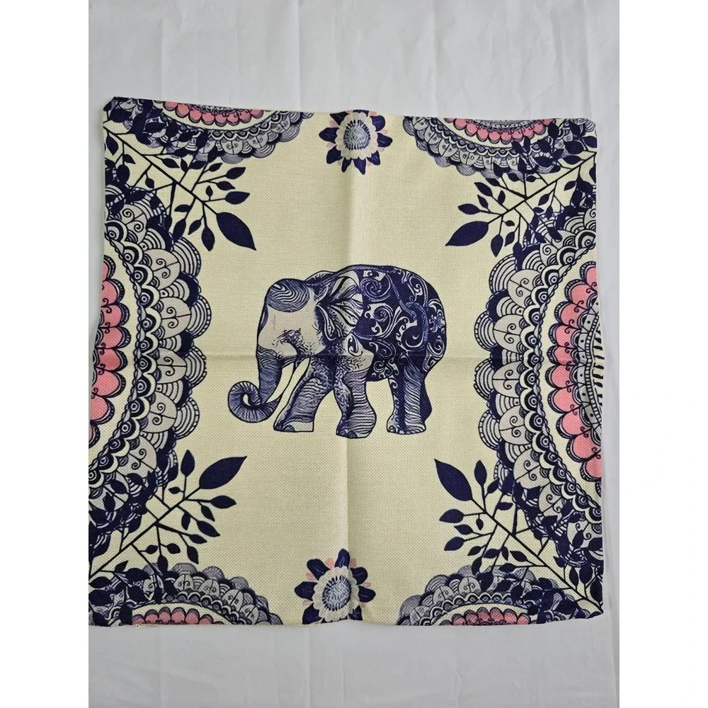 Set of 4 Elephant Throw Pillow Covers 18x18 Watercolor Mandala Boho Linen Blend